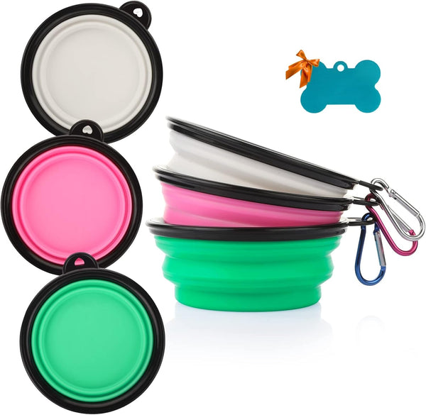 Collapsible Silicone Dog Bowls, 3-Pack Travel Pet Food Water Bowls | Orange, Green & Blue. 5.1 in Wide, 2.1 in Tall, Folds to 0.5 In. Holds 12 Oz Water or 1.5 Cups Food. Includes ID Tag.8