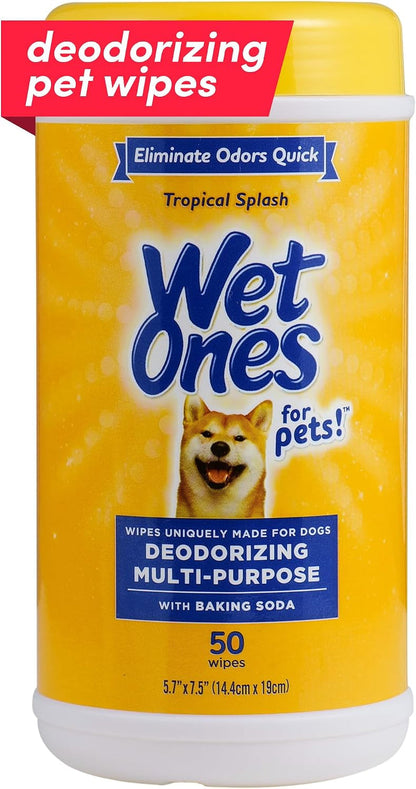 Wet Ones for Pets Deodorizing Dog Wipes with Baking Soda, Tropical Splash Scent - Multipurpose Deodorizing Pet Grooming Wipes in Resealable Canister, 50 Count1