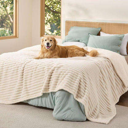 Bedsure Comfyfleece™ Waterproof Dog Blankets for Large Dogs,50X60 Cream | Soft Plush Couch Cover,Washable Corduroy Fleece for Furniture Protector,Cozy Calming Reversible Pet Blanket for Senior Dogs21