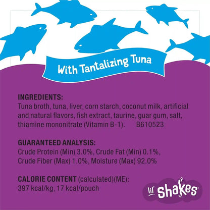 Purina Friskies Pureed Cat Food Topper, Lil’ Shakes with Tantalizing Tuna Lickable Cat Treats - (Pack of 16) 1.55 Oz. Pouches6