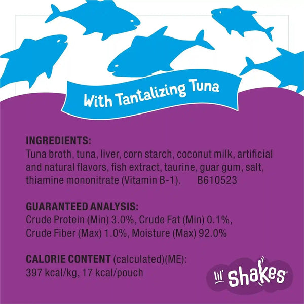 Purina Friskies Pureed Cat Food Topper, Lil’ Shakes with Tantalizing Tuna Lickable Cat Treats - (Pack of 16) 1.55 Oz. Pouches6