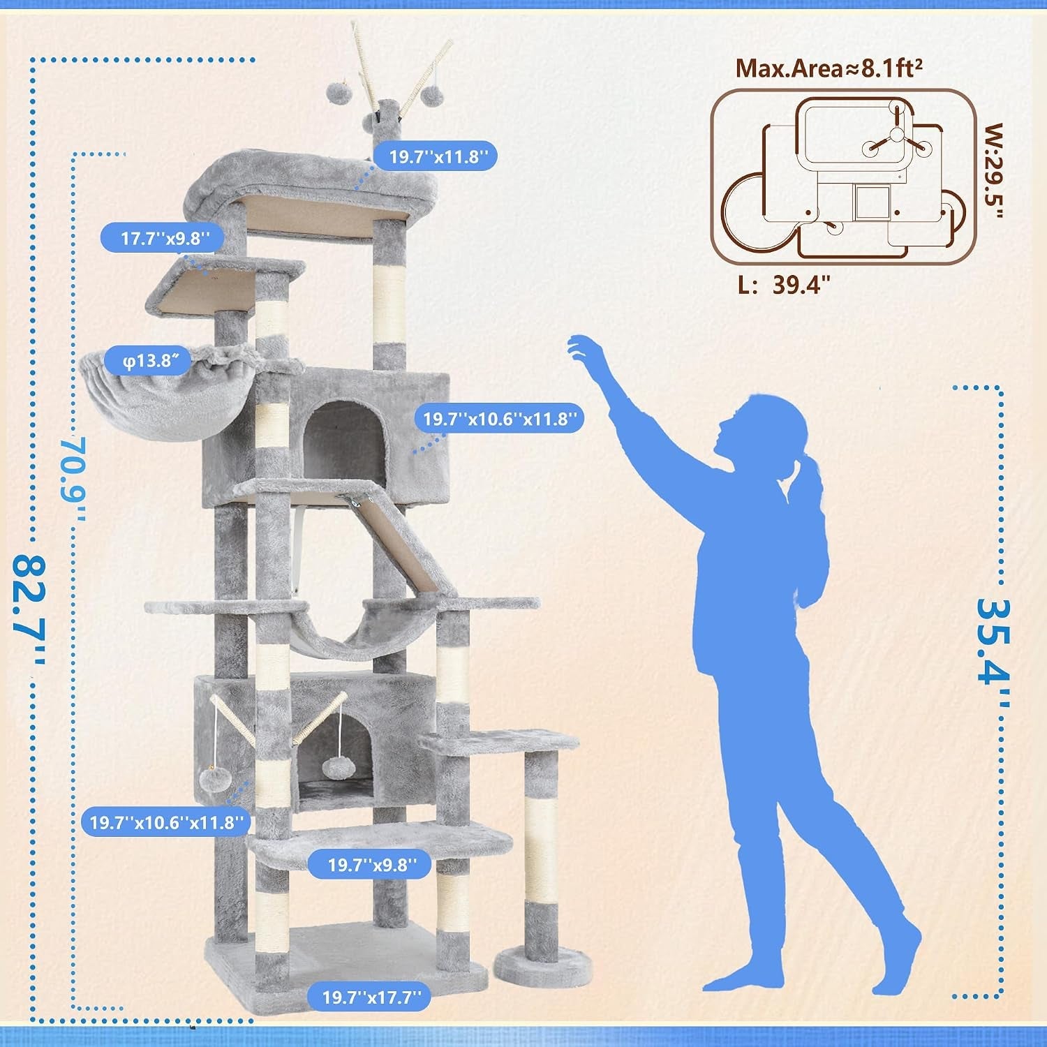 hey-brother-cat-tree-tower-with-sturdy-supporting-posts-2-condos-mpj082w-82-7-inches-multi-level-cat-tower-with-5-teaser-toys-sisal-scratching-posts-large-bed-hammock-for-indoor-cats-light-gray