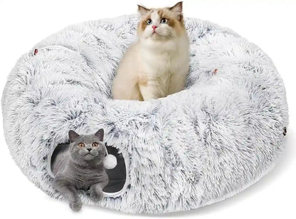 Baseola Fuzzy Cat Tunnel Bed for Indoor Cats, 2-In-1 Interactive Cat Toys | Peekaboo Cat Cave with Washable Mat, Collapsible Cat Play Tunnel for Kittens & Small Pets, Plush Cat Donut Bed Tunnel, Grey1