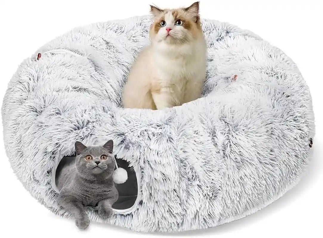 baseola-fuzzy-cat-tunnel-bed-for-indoor-cats-2-in-1-interactive-cat-toys-peekaboo-cat-cave-with-washable-mat-collapsible-cat-play-tunnel-for-kittens-small-pets-plush-cat-donut-bed-tunnel-grey