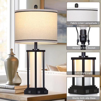 27" Tall Vintage Table Lamp Set of 2 with USB C+A & Outlet,Black Industrial End Table Lamp for Living Room,Farmhouse Rustic Bedside Lamps with Frosted Glass Night Light for Bedroom Nightstand,Black6