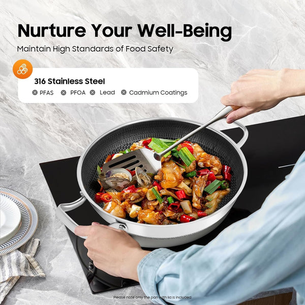 Nonstick Everyday Pan with Lid, 13Inch Stainless Steel Pan Double-Handled Frying Pan Hybird Induction Cooking Pans round Wok PFOA & PFOS Free for Induction Gas Electric6