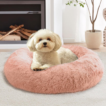 JOLLYVOGUE Small Dog Bed, Calming Dog Beds for Small Dogs & Indoor Cats - 20 Inches Donut Washable Cat Bed for Kittens & Puppies, round Fluffy Plush Faux Fur Pet Beds(Smoke Grey)14