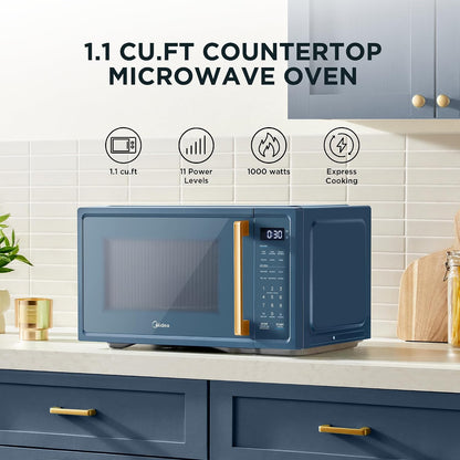 Retro Countertop Microwave, 1.1 Cu. Ft, 1000W, 6 Presets, Navy Blue | 11 Power Levels, Child Safety Lock, 6 Preset Menus, Easy to Clean2