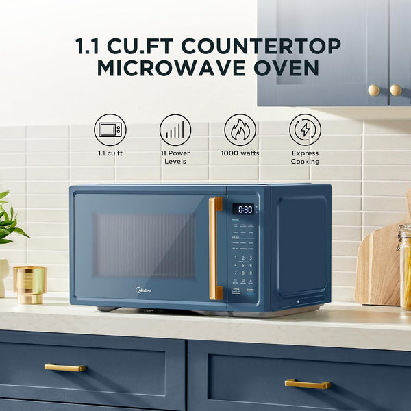 Retro Countertop Microwave, 1.1 Cu. Ft, 1000W, 6 Presets, Navy Blue | 11 Power Levels, Child Safety Lock, 6 Preset Menus, Easy to Clean2