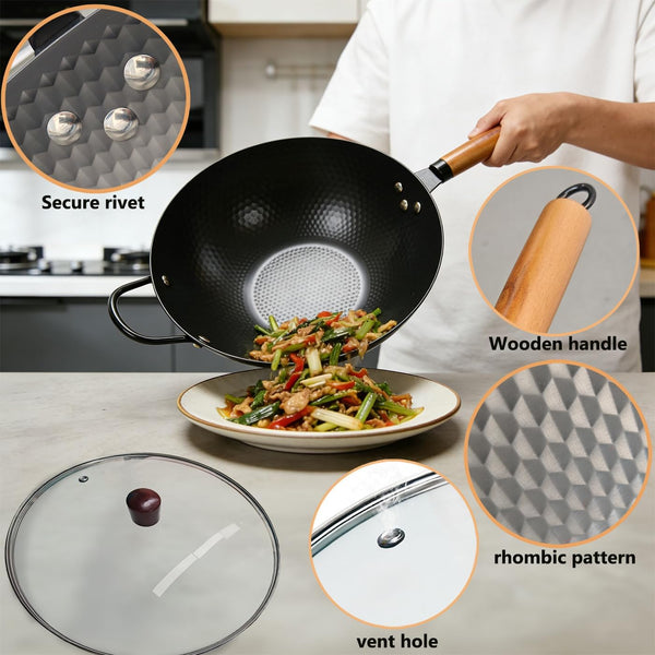 Nonstick Wok,Carbon Steel Wok 12.8-Inch Pan with Glass Lid,Woks & Stir-Fry Pans for Frying Electric,Induction,Gas Stoves Cooking2