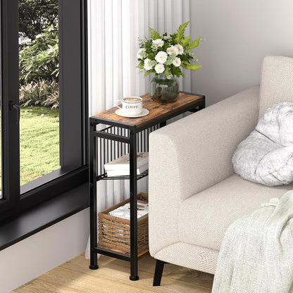Small Side Table for Small Space, 3-Tier Narrow End Table with Magazine Holder,Slim Nightstand, Skinny Snack Couch Table in Living Room, Bedroom Study and Balcony (Rustic Brown &Black)2