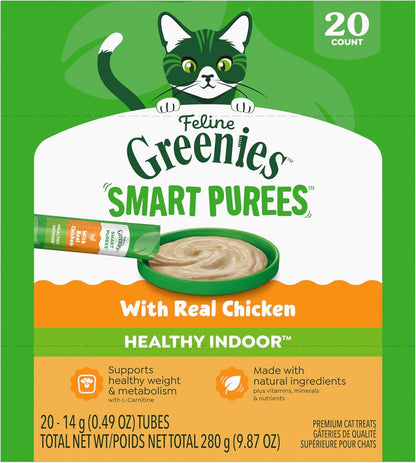 Greenies Feline Smart Purees Cat Treats, Indoor Chicken, 20 Count | Grain-Free, L-Carnitine for Metabolism, High Digestible Protein, No Carrageenan, Moisture-Rich, Nutritionally Complete1