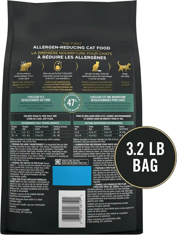 Purina Pro Plan Allergen Reducing, Sensitive Skin & Stomach, High Protein Cat Food, LIVECLEAR Turkey and Oatmeal Formula - 3.2 Lb. Bag8