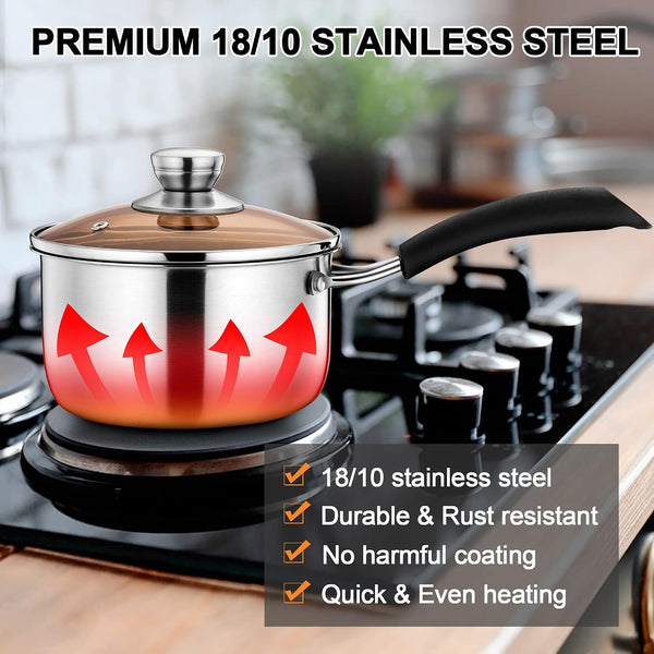 Sauce Pan Set with Lid, 1 Quart and 2 Quart Stainless Steel Saucepan | Small Kitchen Cooking Pot for Milk, Soup & Butter, Stay-Cool Handle, Induction Ready, Nonstick & Non Toxic, Dishwasher Safe3