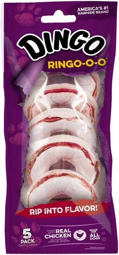 Dingo Ringo Rawhide Dog Treats Made with Real Chicken, 5 Count | Long-Lasting Rawhide with Real Chicken Provides Protein, Natural Chewing Action Promotes Clean Teeth, for Adult Dogs1