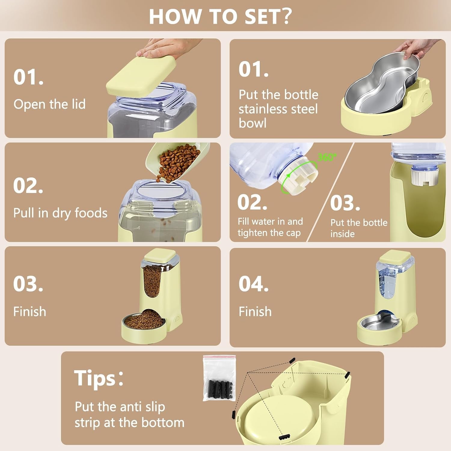 hwonmte-portable-automatic-cat-feeder-and-water-dispenser-with-stainless-steel-bowl-dog-gravity-food-feeder-and-waterer-for-small-medium-pets-puppy-kitten-1-gallon-x-2-cream-yellow