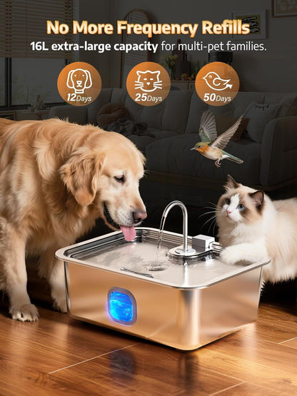 4.2Gal Dog Water Fountain for Large Dogs, 16L Stainless Steel Large Dog Fountain Water Bowl with Deeper & Wider Drinking Tray, Automatic Pet Water Dispenser with Visible Window for Multi-Pets Families2