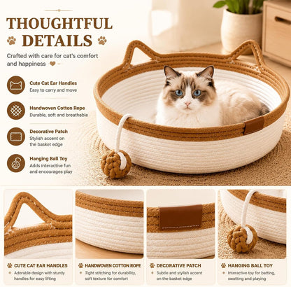 Handwoven Cat Basket Bed, Cotton Rope round Cat Scratcher Bed with Cats Ear Handles, Breathable Boho Nesting Pet Bed for Kittens and Indoor Cats (Color D,Small)6