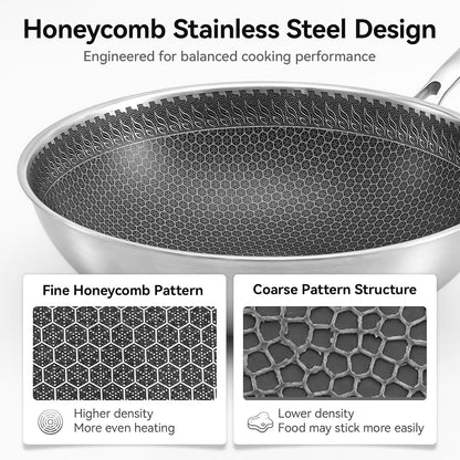 12.2 Inch Stainless Steel Honeycomb Wok Pan with Glass Lid, 3-Ply 18/10 Stainless Steel Stir Fry Pan, Flat Bottom Wok for Induction, Gas, Electric and Glass Stoves, 4.2 QT2