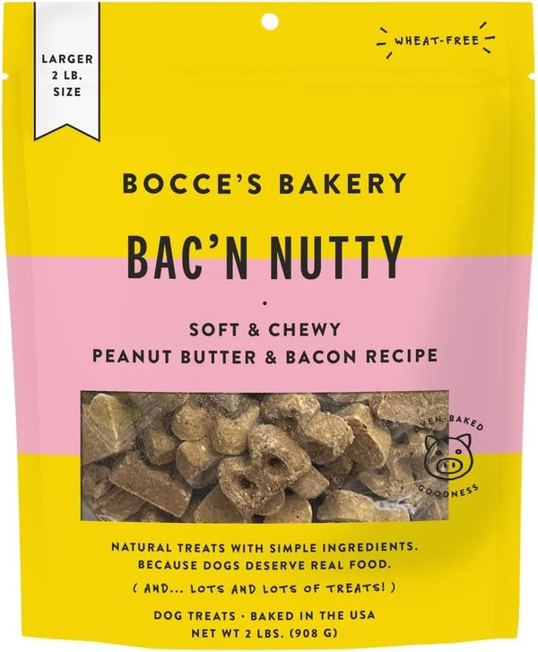 Bocce'S Bakery Bac' N Nutty Soft & Chewy Peanut Butter & Bacon Recipe Natural Dog Treats, Wheat-Free, 2 Lb (Pack of 1) | All-Natural Recipe with Real Ingredients Baked in Small Batches—Ideal Training Rewards or Everyday Snacks for Dogs1