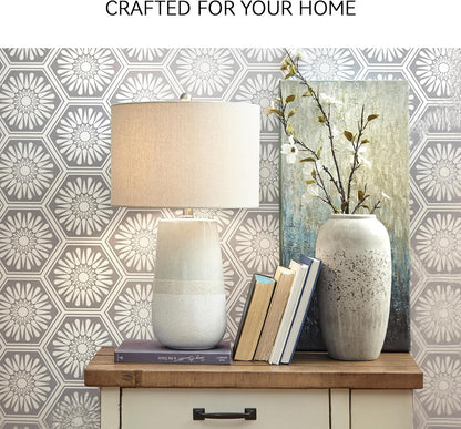 Signature Design by Ashley Shavon Ceramic Table Lamp, 26", 3-Way Switch | Textured Neutral Glazed Base, Beige and White Finish, Fabric Drum Shade, Versatile 3-Way Switch, Living Room Use4
