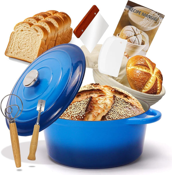 5QT Enameled Cast Iron Bread Oven with Proofing Basket for Bread Baking, Bread Making Supplies Tools,Heavy-Duty Cookware for Braising, Stews, Roasting, Bread Baking (Blue)1