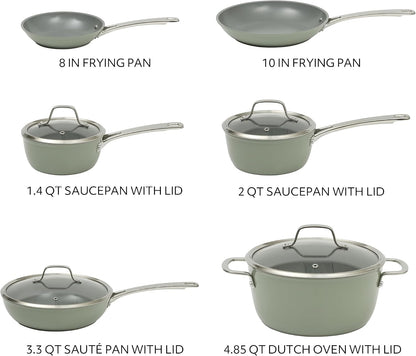 Sur La Table Kitchen Essentials Cool Commune Hard Anodized 10 Piece PFA Free Ceramic Non Stick Interior Forged Durable Aluminum Pots and Pans Cookware Set - Green - Induction Compatible3
