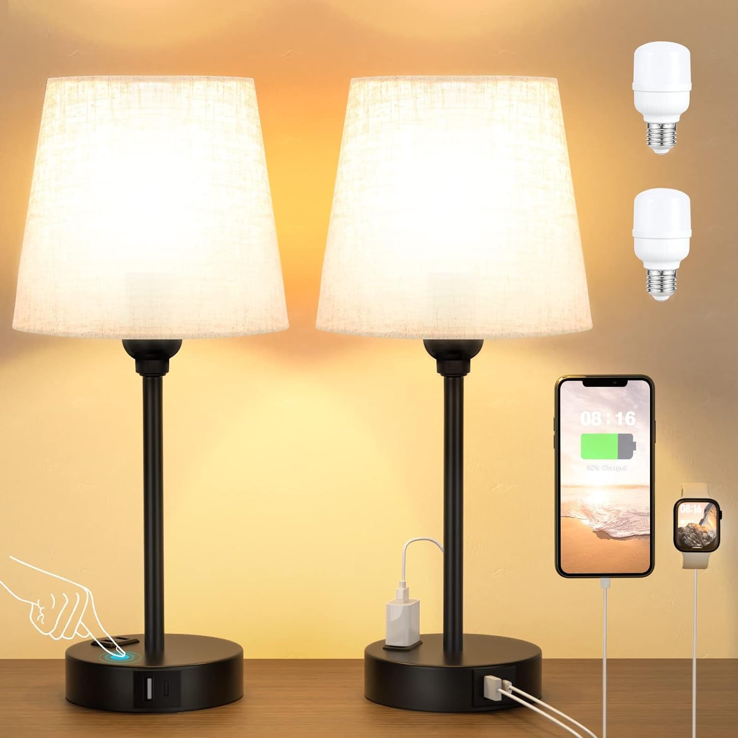 bedside-table-lamps-set-2-for-bedroom-dimmable-touch-usb-c-a-ac-outlet-14-5-mini-lamp-3-way-dimmable-led-bulbs-included-trapezoid-barrel-fabric-lampshade-nightstand-light-for-guest-room-kids