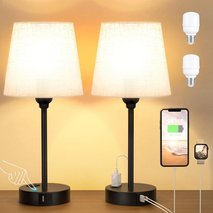 Bedside Table Lamps Set 2 for Bedroom - Dimmable Touch, USB C+A, AC Outlet | 14.5" Mini Lamp, 3-Way Dimmable, LED Bulbs Included, Trapezoid Barrel Fabric Lampshade, Nightstand Light for Guest Room, Kids1