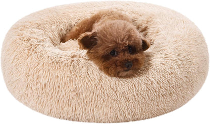 Amazon Basics Washable Donut Pet Bolster Faux Fur Bed with Removable Cover, Anti-Slip Bottom for Dog, Beige, 23" X 23"5