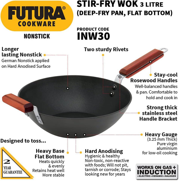 Futura  Nonstick Wok Stir Fry/Deep Fry Pan with 2 Stay Cool Rosewood Handles, 11.5", Black2