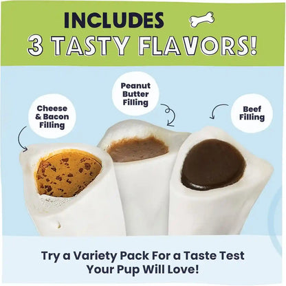 Pawstruck Large 5-6” Filled Dog Bones Variety Pack - Peanut Butter, Cheese & Bacon, Beef Flavors - Made in USA, Long Lasting Stuffed Femur Treat for Aggressive Chewers - Pack of 3, Packaging May Vary5