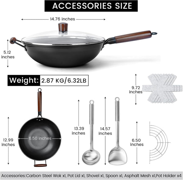 Carbon Steel Wok - 13" Woks & Stir-Fry Pans Nonstick, Wok with Lid, Fast Heat Conduction, Uniform Heat Conduction Flat Bottom Woks, Professional Chef Cookware2