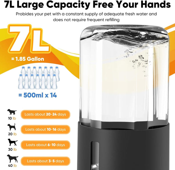 7L Automatic Dog Water Dispenser Bowl, Gravity Pet Water Dispenser with Stainless Steel Bowl, No Spilling Large Capacity Water Feeder for Dogs Cats (7L without Filter Black)6