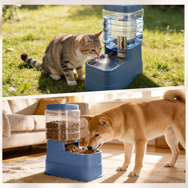 2 Pack Automatic Cat Feeder and Water Dispenser 1.3Gallon Dog Gravity Food Feeder and Water with Ice Pack Stainless Steel Dry Food and Waterer Bowl for Small Medium Large Pets (Blue)8