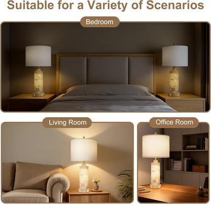 27" Alabaster and Wood Table Lamps Set of 2 with Night Light | Nightstand Lamps with USB Ports, White Linen Fabric Shade, Bedside Lamp for Living Room Bedroom Home Office Hotel Bar House6
