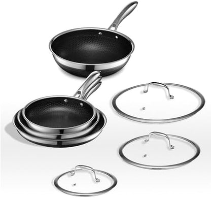 Hexclad Hybrid Nonstick 7-Piece Cookware Set, 8", 10", and 12" Pans with Lids, and 10" Wok, Stay-Cool Handles, Dishwasher and Oven-Safe, Induction Ready, Compatible with All Cooktops1