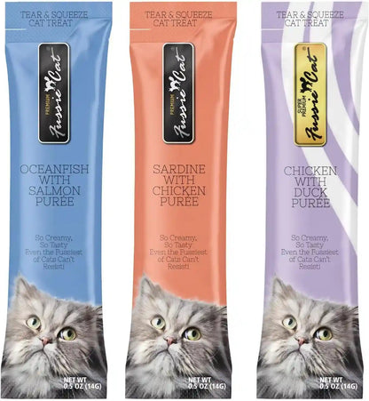 Fussie Cat Premium Puree Lickable Cat Treats in Chicken Puree, Lickable Treats, 3 Packs of 4-0.5Oz Tubes,(12 Total Tubes) Variety Flavor Pack of 3 Flavors. Oceanfish, Sardine, Chicken + Lid2
