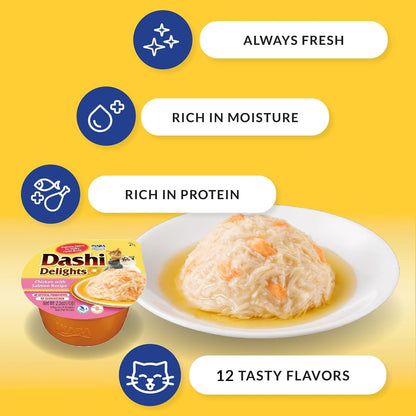 INABA Dashi Delights Lickable Cat Treats, Chicken Variety, 12Ct | Immune Support, Antioxidant Support, 88% Moisture, Shredded Chicken, Dashi Broth Side Dish, Grain-Free, 12 X 2.5 Oz Cups2