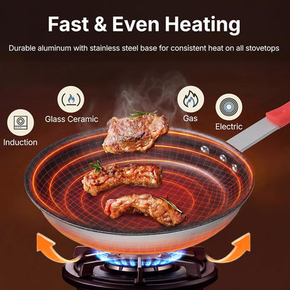 8 Inch Nonstick Frying Pan, Heavy-Gauge Aluminum Skillet with Ceramic Nonstick Coating, Stainless Steel Base & Handle, Omelet Pan for Induction, Electric, Gas, PFAS Free, Oven Safe, Red Handle3