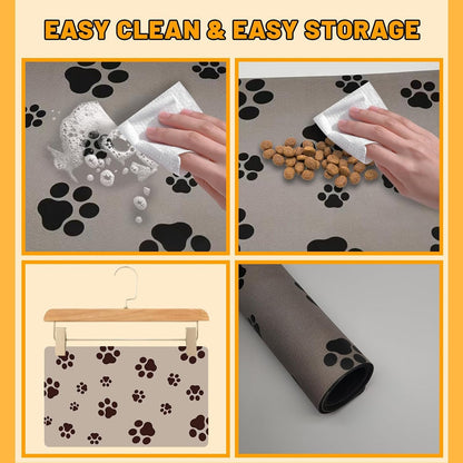 Dog Food Mat for Food and Water, Absorbent Pet Feeding Non-Slip Backing Cat Dog Bowl Mat No Stains Quick Dry Placemat with Footprints for Messy Brown,20"×12"7