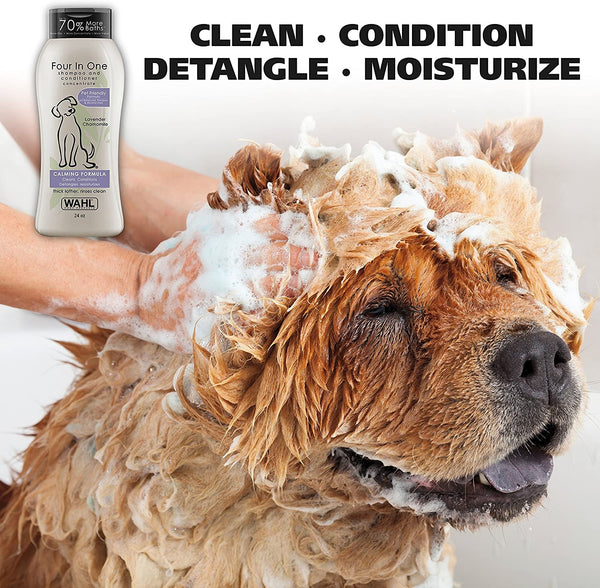 Wahl USA 4-In-1 Calming Dog Shampoo with Lavender Chamomile Scent – Cleans, Conditions, Detangles, & Moisturizes - Pet Friendly Formula - 24 Oz - Model 820000A2