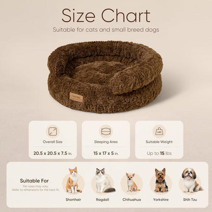 FUKUMARU round Cat Bed, Plush Washable Calming Dog Bed with Low Entry | Raised Bolster Small Dog Bed, Soft Cozy Donut Cat Bed for Indoor Cats, Faux Rabbit Fur & Anti-Slip Bottom, 20 Inch, Brown8
