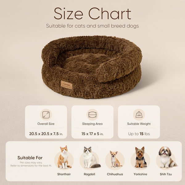 FUKUMARU round Cat Bed, Plush Washable Calming Dog Bed with Low Entry | Raised Bolster Small Dog Bed, Soft Cozy Donut Cat Bed for Indoor Cats, Faux Rabbit Fur & Anti-Slip Bottom, 20 Inch, Brown8