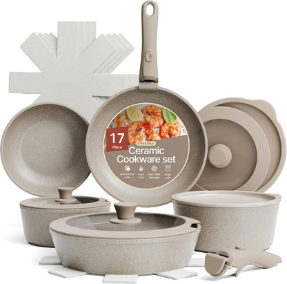 Bakken 17-Piece Ceramic Coated Aluminum Cookware Set, Nonstick Pots and Pans with Lids, Silicone Cooking Utensils & Oven Mitts, All Stovetop Safe up to 500°F, PTFE & PFAS Free, Dishwasher Safe1
