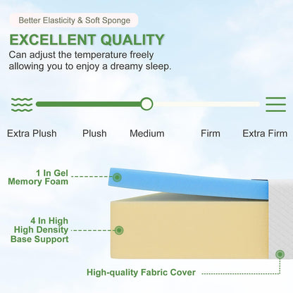 | 5 Inch Twin Mattress | Medium Firm | Gel Memory Foam | White | Dual Construction | Pressure Relief, Cooling Foam, Removable and Washable Cover | Bed in a Box, Certipur-Us Certified4