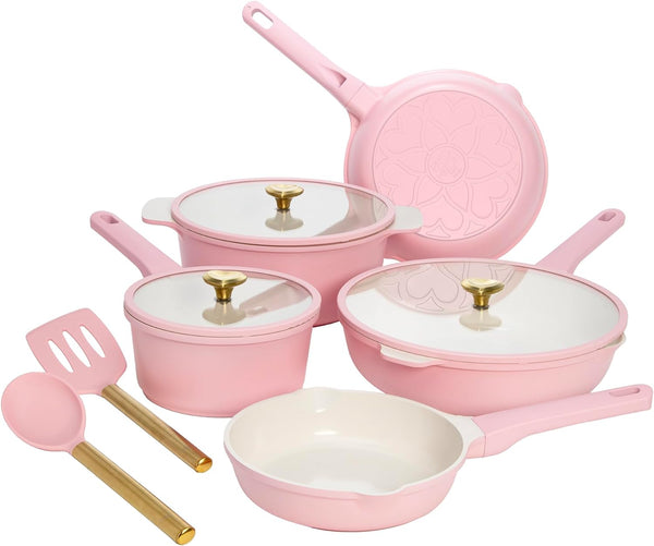 Ceramic Nonstick Pots and Pans, Cookware Set, Cast Aluminum with Dual Layer Non Stick Coating, Made without PFAS PFOA PFOS and PTFE, Dishwasher Safe, 10-Piece, Pink1