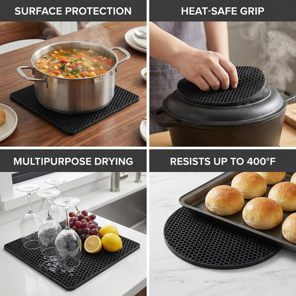 4 Pack Silicone Trivets for Hot Dishes | Heat-Resistant Non-Slip Hot Pads for Kitchen Countertops and Tables, Food-Grade Thick Silicone Mats (7.1X7.1In)8