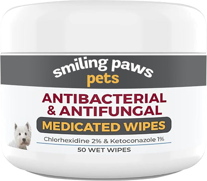 Smiling Paws Medicated Grooming Wipes for Dogs & Cats, 1Pk, 50 Wipes | Medicated Grooming Wipes for Dogs & Cats, Contains Ketoconazole & Chlorhexidine, Treats Yeast Infection, Ringworm, Pyoderma1