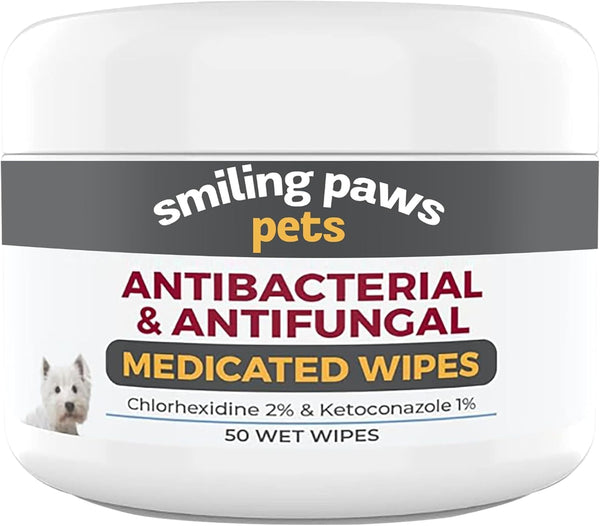 Smiling Paws Medicated Grooming Wipes for Dogs & Cats, 1Pk, 50 Wipes | Medicated Grooming Wipes for Dogs & Cats, Contains Ketoconazole & Chlorhexidine, Treats Yeast Infection, Ringworm, Pyoderma1